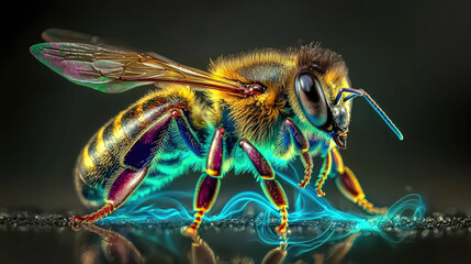 Close-up of a vibrant bee with iridescent colors on a dark background, showcasing intricate details