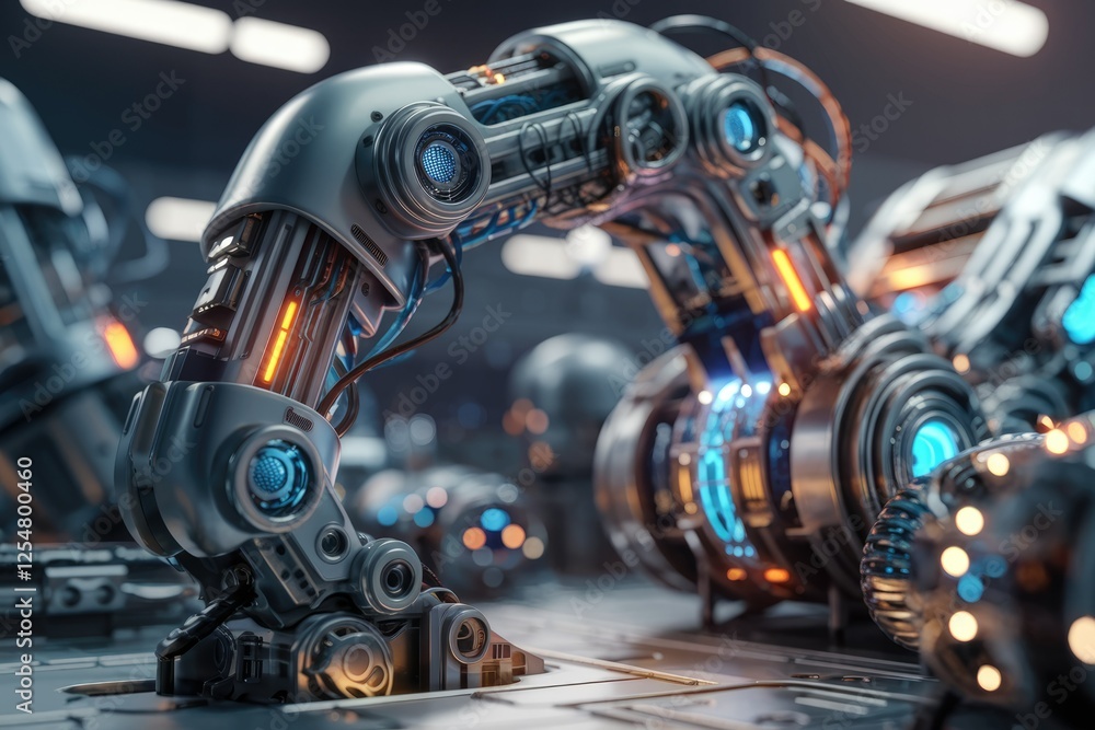 Poster A close-up view of a futuristic robotic arm, showcasing intricate mechanical details and glowing elements.