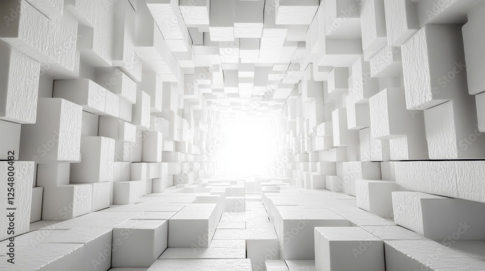 Poster exploring a surreal white tunnel made of abstract geometric shapes and illuminated by soft light at 