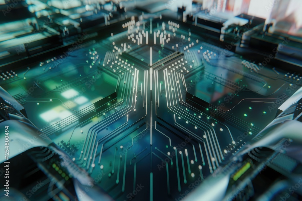 Poster Abstract close-up of a futuristic circuit board, showcasing intricate pathways and glowing lines.
