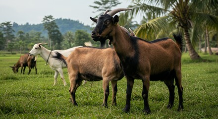 Goats Grazing in a Lush Green Meadow Under Palm Trees