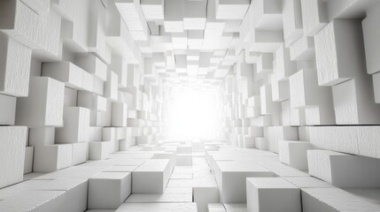 Obraz premium Exploring a surreal white tunnel made of abstract geometric shapes and illuminated by soft light at the end