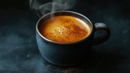 A steaming cup of espresso on a glossy black background, the rich aroma rising into the air.