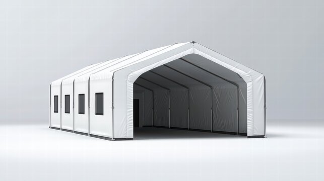 Large White Tent Structure: A spacious, white tent with multiple windows and a  large entrance creates a versatile and functional space for events, gatherings, and temporary accommodations.