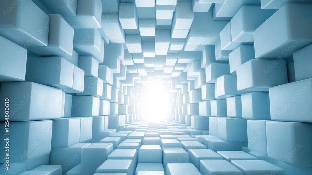 Poster exploration of a vast corridor lined with luminous cubes stretching towards a bright light source