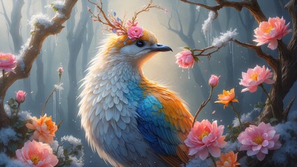 Fototapeta premium Vibrant bird adorned with blossoms awakens spring in a mystical forest filled with shadows and soft light