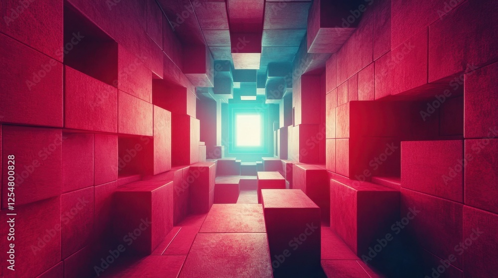 Aufkleber exploring a vibrant geometric tunnel filled with abstract shapes and dynamic lighting effects