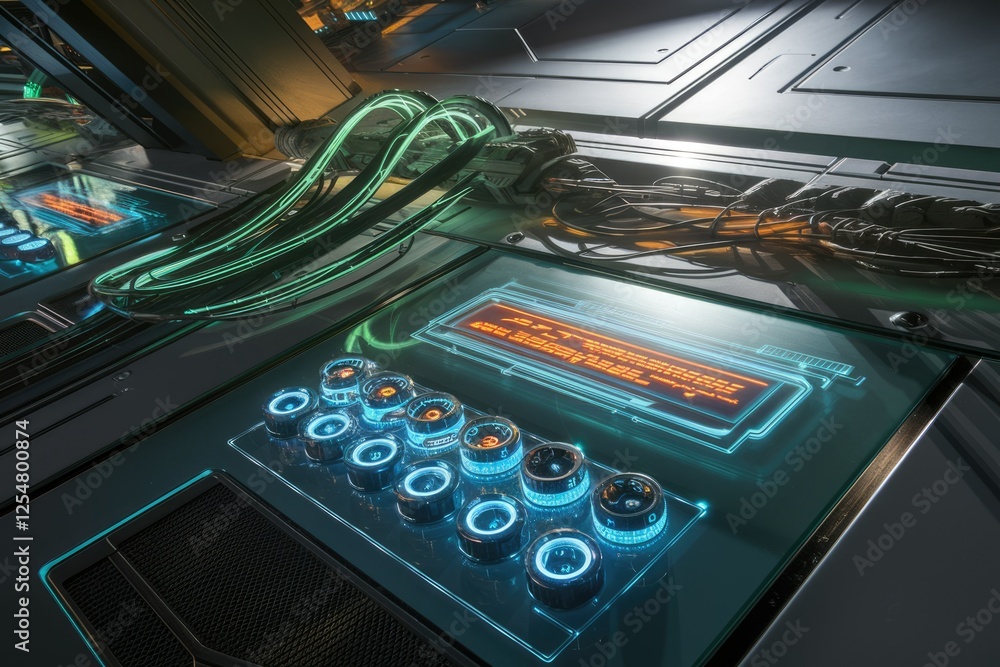 Poster Futuristic control panel with glowing buttons and digital display, showcasing advanced technology.