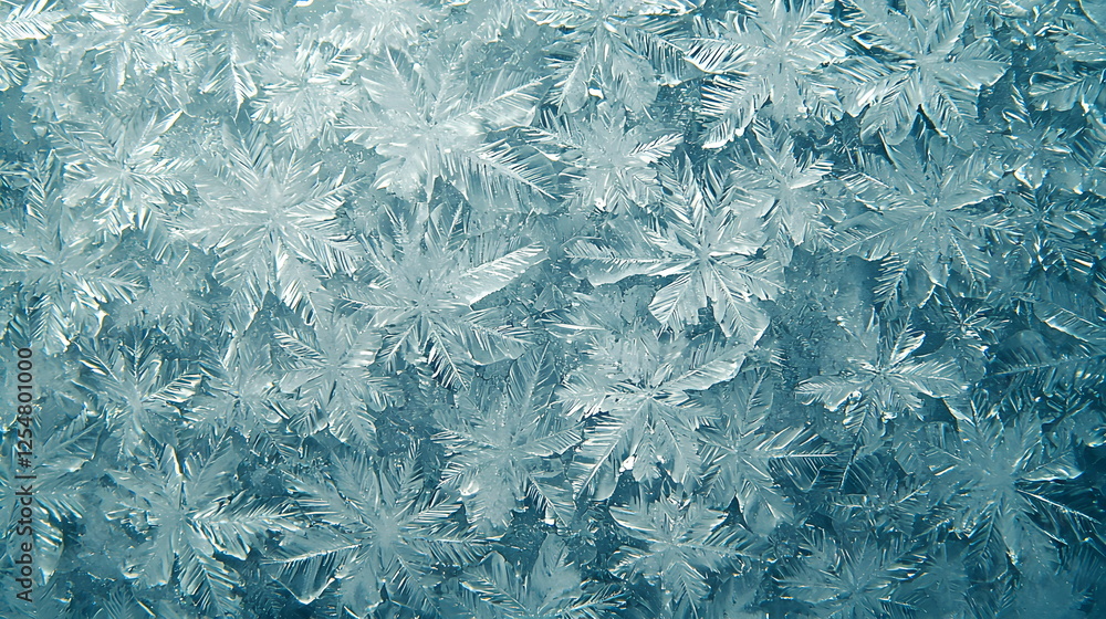 Poster frosted ice crystals covering a surface creating intricate snowflake patterns gening in the light.