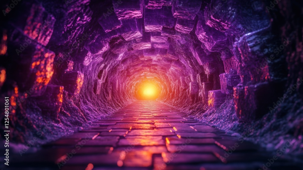 Poster exploring a vibrant tunnel illuminated by a warm glow at its end during twilight hours