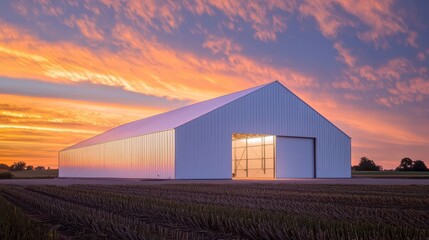 Obraz premium Modern Architectural Structure: A striking contemporary building silhouetted against a breathtaking sunset.
