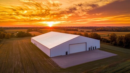 Fototapeta premium Sunset Over Agricultural Building: A large agricultural building stands majestically against a breathtaking sunset.