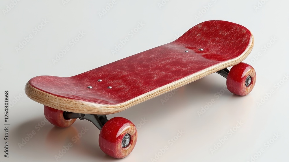 Poster unique red skateboard on display emphasizing its sleek design and craftsmanship in a minimalist sett
