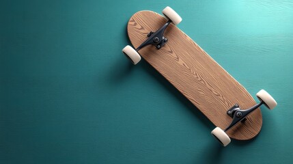 Skateboard with a rustic wooden design rests on a teal surface in a creative indoor space filled with artistic potential