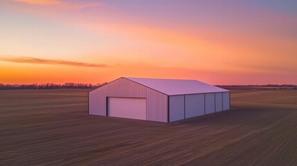 Obraz premium Barn at Sunset: A solitary barn stands silhouetted against a vibrant, fiery sunset, casting a long shadow across a vast field.