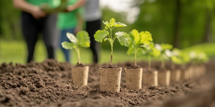 community gardening, saplings in biodegradable pots await planting, with volunteers in the background preparing the soil