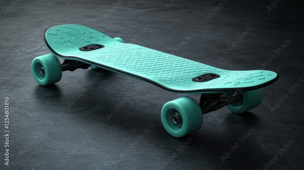 Poster modern turquoise skateboard resting on a dark surface highlighting its sleek design and vibrant colo