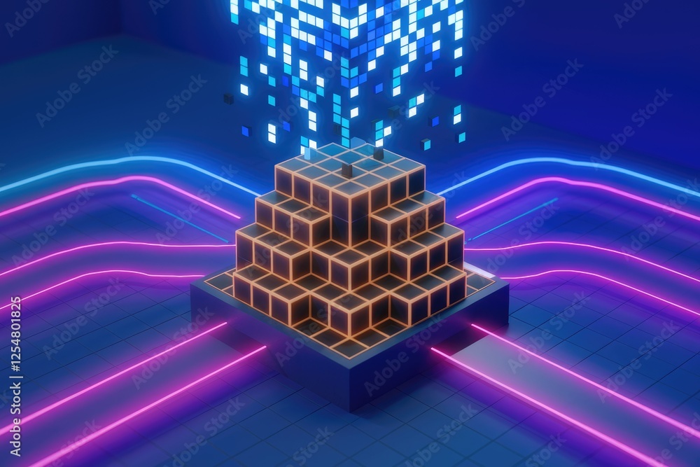 Poster Abstract 3D rendering of data flow and processing, visualized with glowing neon lines and a cube pyramid.