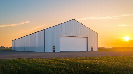 Obraz premium Sunrise Over the Warehouse: A large, modern warehouse stands silhouetted against a vibrant sunrise, its expansive white doors promising the potential within. The scene evokes a sense of industry.