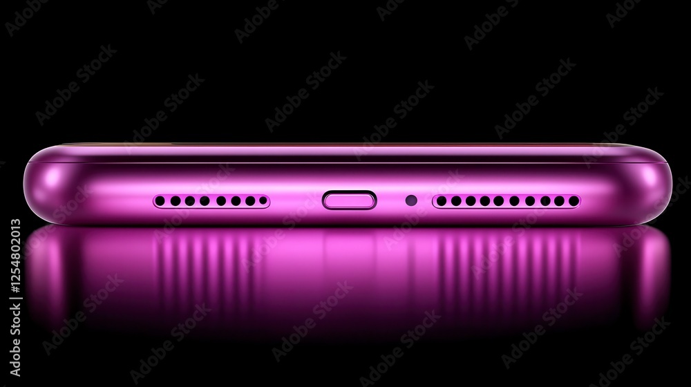 Aufkleber close up view of a purple mobile device, showcasing its bottom edge with speaker grills and a small 