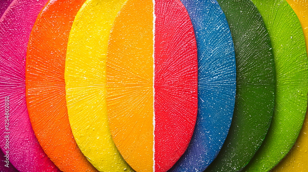 Poster colorful circular shapes arranged in a gradient pattern with droplets of water on a smooth surface.