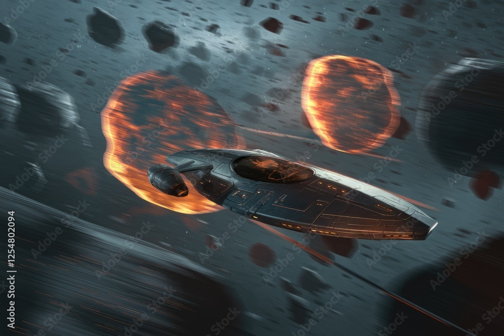Poster a spaceship swiftly navigates a dense asteroid field, leaving fiery trails in its wake.