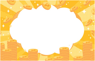 積み上がったポイントコインと集中線と吹き出し背景イラスト（黄）