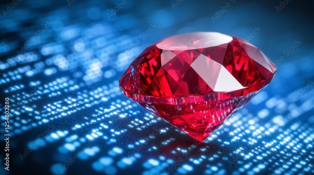 Poster close up of a brilliant red gemstone, likely a ruby, set against a glowing, digital code backdrop. t