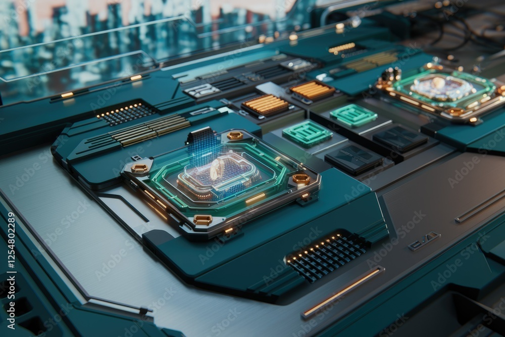 Poster Futuristic teal motherboard showcasing a central processing unit with glowing data streams.