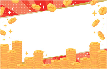 積み上がったポイントコインとスタイリッシュな背景イラスト（赤）