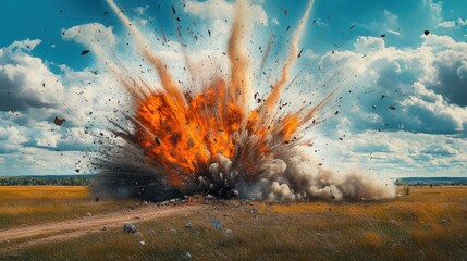 Massive explosion in open field, debris flying. Ideal for action, disaster, or destruction themes.