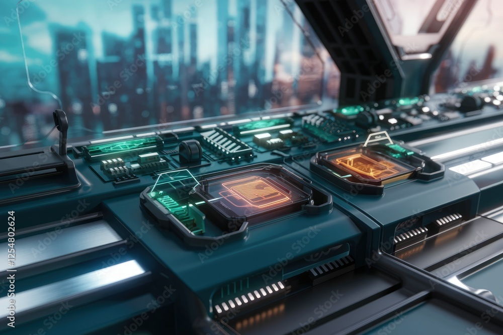 Aufkleber Futuristic tech interface showcasing advanced processors and circuitry against a city backdrop.