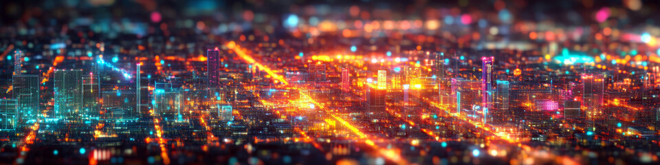 Obraz premium A cityscape at night is filled with vibrant, colorful lights. Concept of urban nightlife and energy. For background images or technology themes.