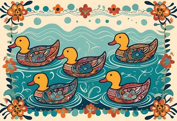 Five decorative ducks swimming in a colorful patterned pond