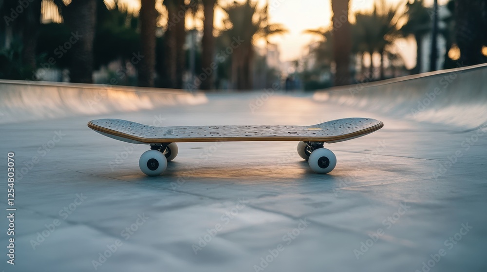Poster skateboard resting on smooth pavement in an empty park at sunset surrounded by palm trees