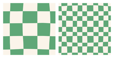 Seamless abstract monochrome set of large and small checkerboard pattern on a light background, green checkered pattern set, simple hand drawn illustration, flat style