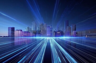 Fototapeta premium Dynamic Cityscape with Futuristic Light Trails and Vibrant Colors at Night