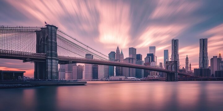 Fototapeta Majestic Brooklyn Bridge at Sunset with Stunning Manhattan Skyline Panorama