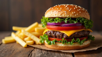 Homemade delicious hamburger with beef, onion, tomato, lettuce and cheese.