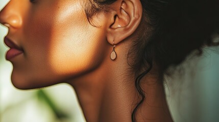 A woman's ear adorned with a modern minimalist earring, set against a blurred, neutral-toned background for emphasis.