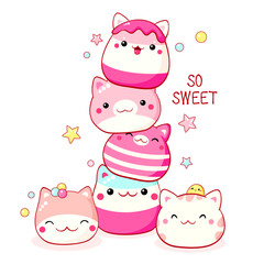 Stack of traditional Chinese animal-shaped mantou buns. Cute cat-shaped dessert in kawaii style. Inscription So sweet. Can be used for t-shirt print, sticker, greeting card. Vector illustration EPS8