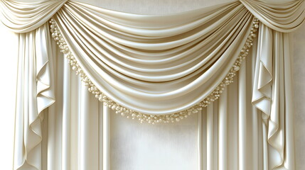 Elegant drapery with soft folds and decorative pearls adorned in a light background setting.