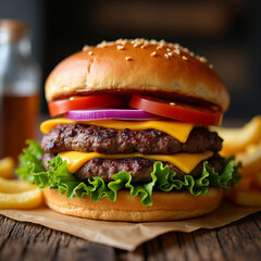 Homemade delicious hamburger with beef, onion, tomato, lettuce and cheese.