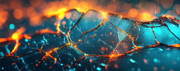 A high detail abstract composition showcasing broken glass shards with intricate reflections and glowing blue and orange lighting effects against a blurred background.