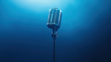 Vintage microphone on stand against a blue backdrop. Ideal for music, podcast, or performance themes.