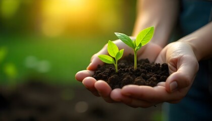 Hands holding soil with young plant seedlings, close-up, soft warm sunlight