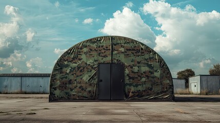 Camouflaged Shelter: A sturdy, semi-circular, military-style tent with camouflage print stands against a backdrop of a clear blue sky and fluffy white clouds.