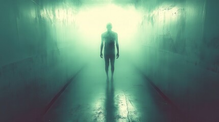 Obraz premium Silhouette of a person walking down a misty, dimly lit hallway. Green toned, reflective surfaces, creating an eerie atmosphere