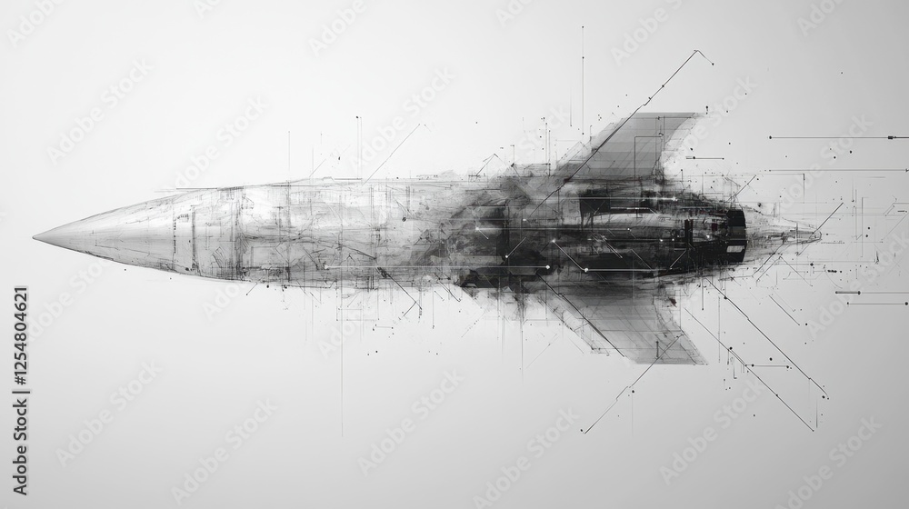 Poster futuristic missile design showcases intricate details and modern technology in a minimalistic settin