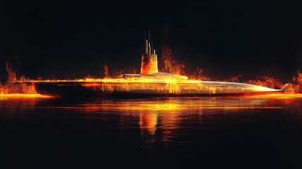 Obraz premium Submarine gliding through dark waters illuminated by fiery light in a surreal underwater world